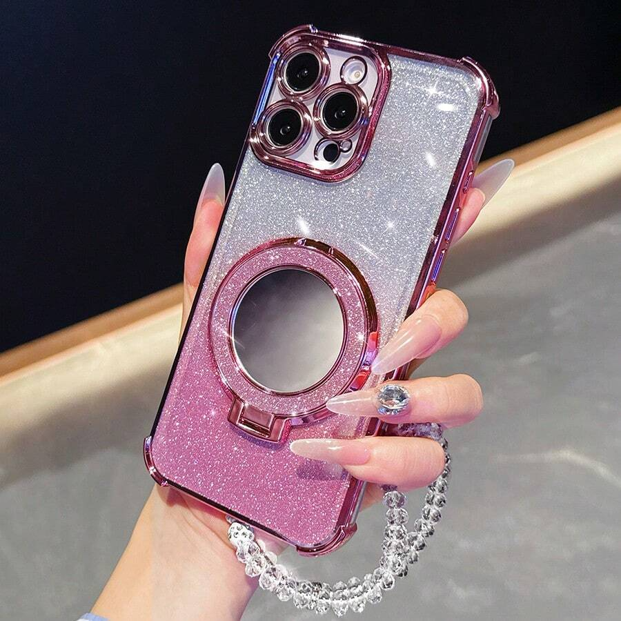 New four-corner drop-proof phone case + glittery pink pearl hanging lanyard + glittery pink round makeup mirror - Image 2