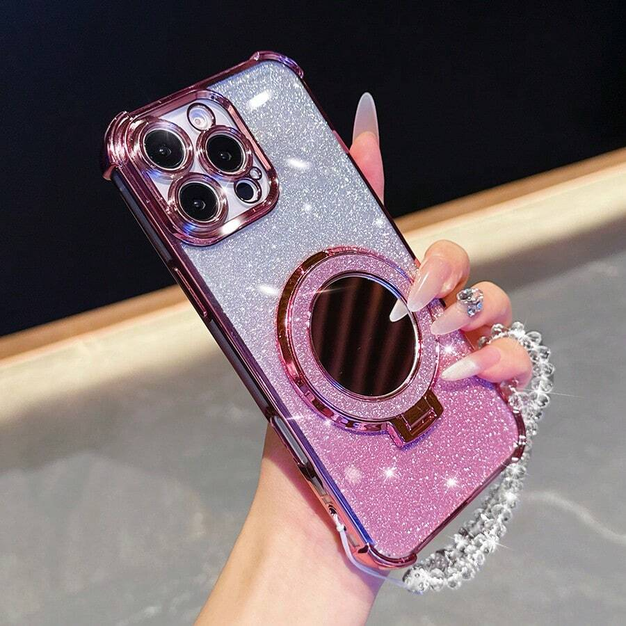 New four-corner drop-proof phone case + glittery pink pearl hanging lanyard + glittery pink round makeup mirror - Image 3