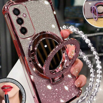 New four-corner drop-proof phone case + glittery pink pearl hanging lanyard + glittery pink round makeup mirror