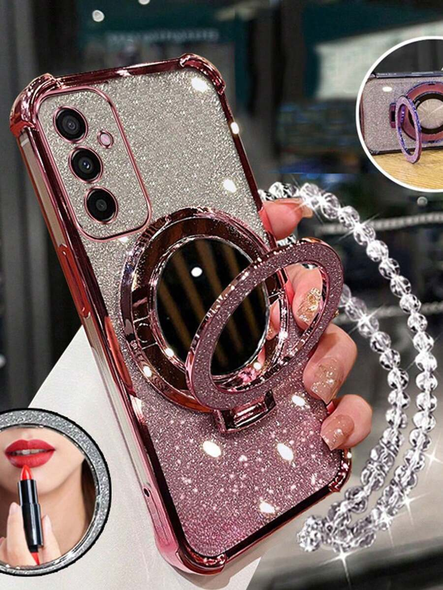 New four-corner drop-proof phone case + glittery pink pearl hanging lanyard + glittery pink round makeup mirror