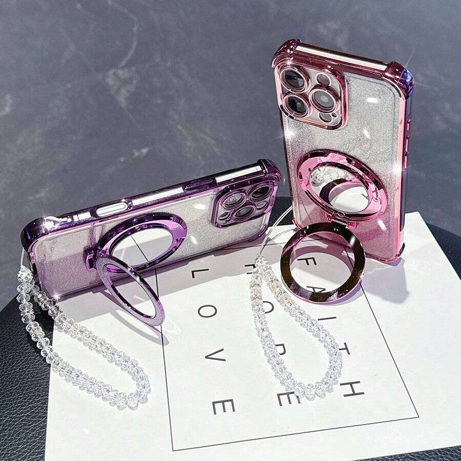 New four-corner drop-proof phone case + glittery pink pearl hanging lanyard + glittery pink round makeup mirror - Image 5