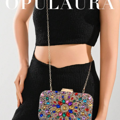 A luxurious women's evening bag from Opoloura, adorned with sparkling crystals; a diamond-studded evening bag for formal occasions; a fashionable handbag for parties, weddings, and evenings out with a chain str