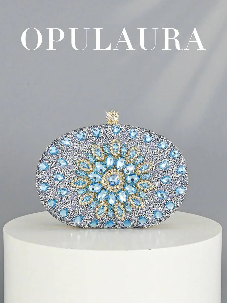 A small, luxurious women's handbag adorned with sparkling crystals; a shimmering, diamond-studded evening bag for formal occasions; an elegant bag for parties, weddings, and evenings out, complete with a chain