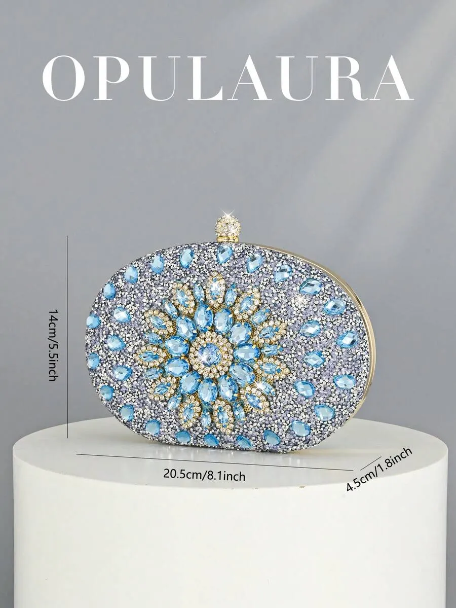 A small, luxurious women's handbag adorned with sparkling crystals; a shimmering, diamond-studded evening bag for formal occasions; an elegant bag for parties, weddings, and evenings out, complete with a chain - Image 5